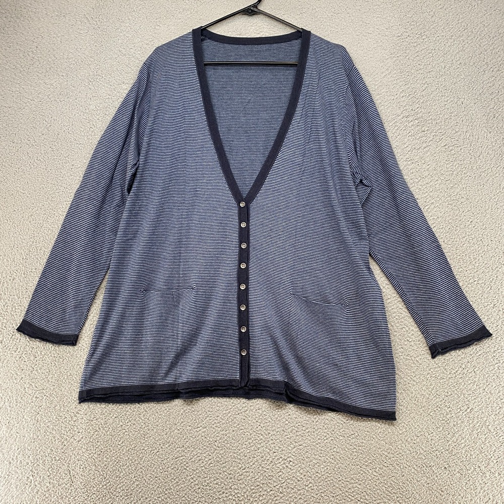 J. Jill Cardigan Sweater Womens XL Stripe Button Front Bamboo Blue Pockets